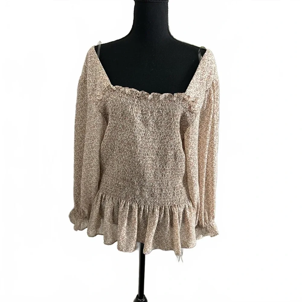 Cream‎ Floral Smocked Women Blouse Cottagecore 3X